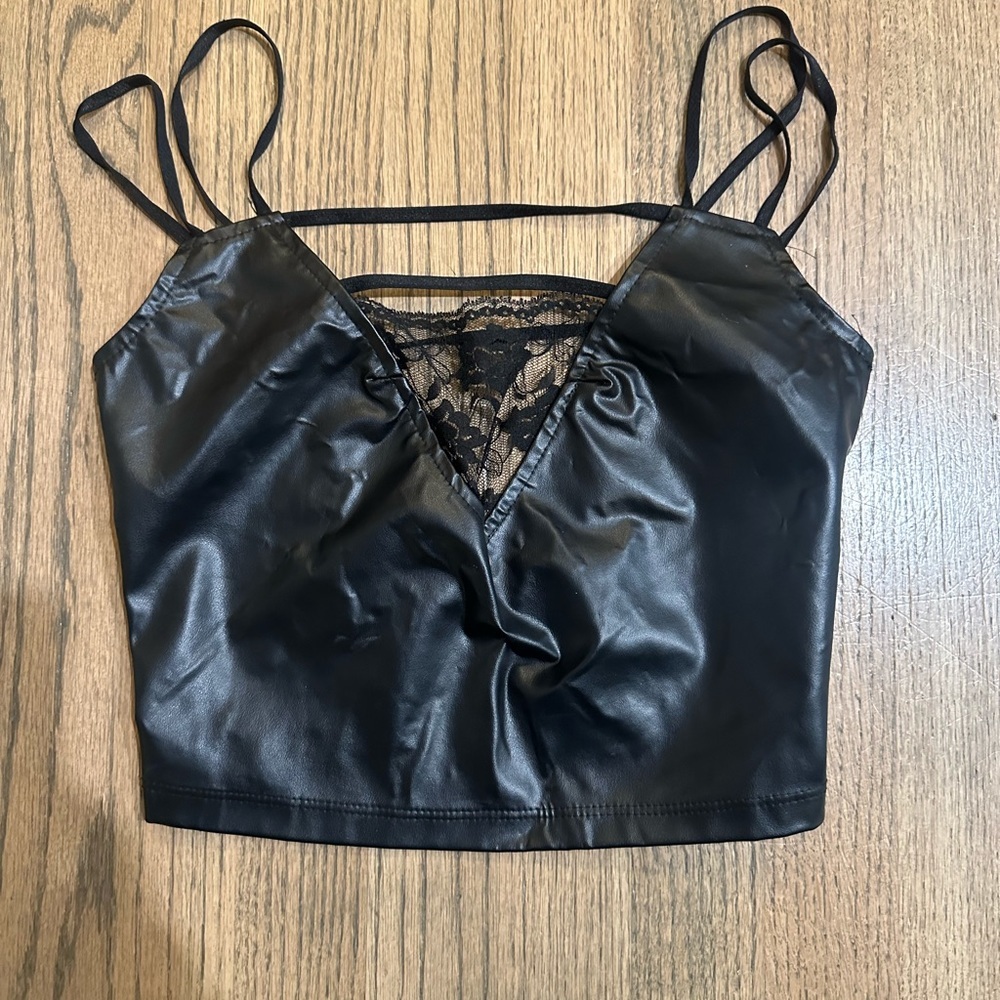 Frederick's of Hollywood Faux Leather and Lace Tank Top with Open Back-Size 2